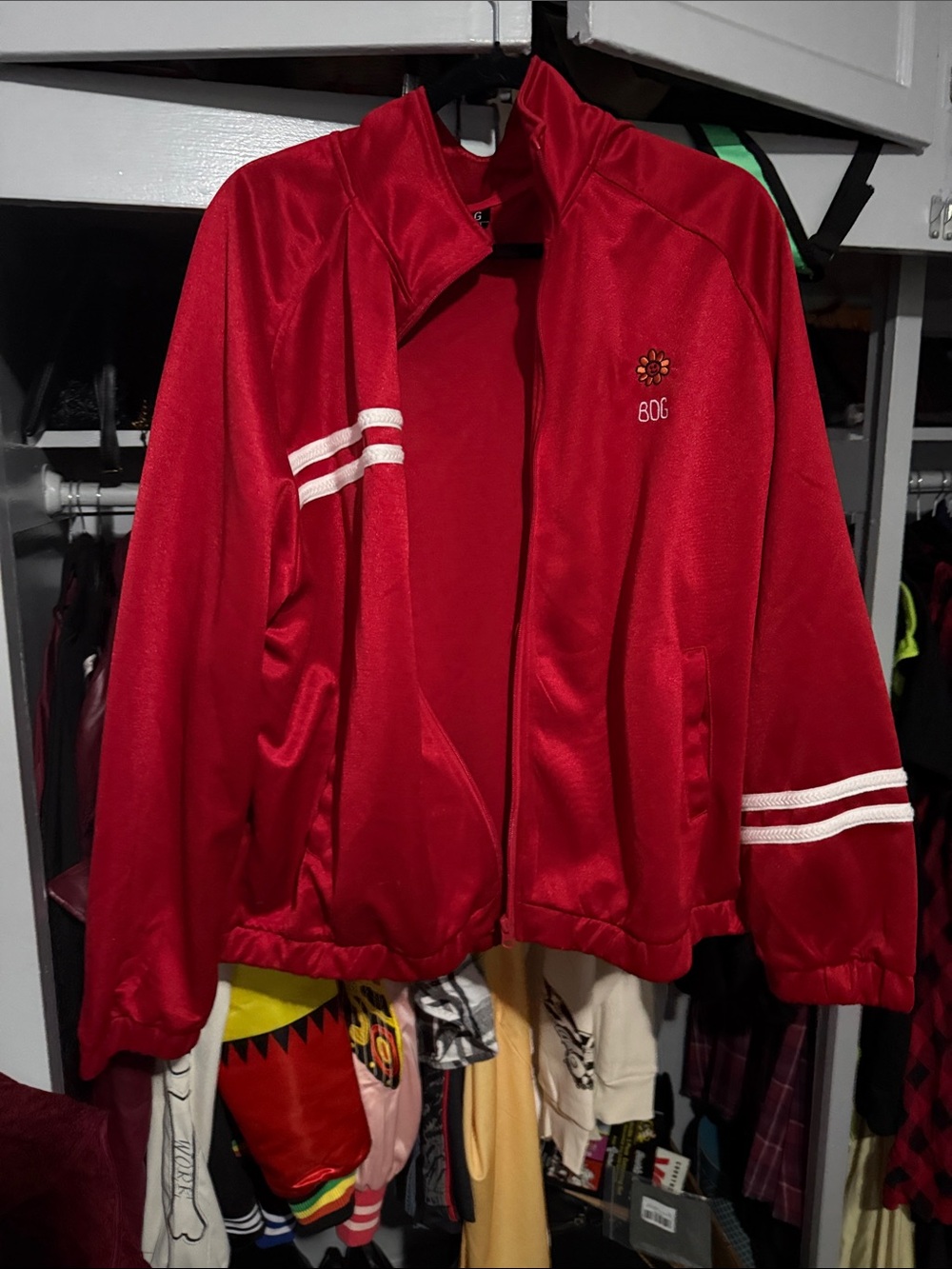 BDG Red Track Jacket with White Stripe Accents